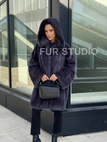 Норковая шуба с капюшоном,  роспуск - темный графит - фото 10