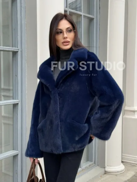 Синий норковый полушубок с английским воротником - фото 0