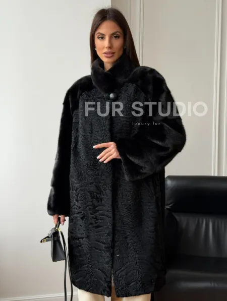 Шуба из каракуля с норкой - стойка воротник - фото 10
