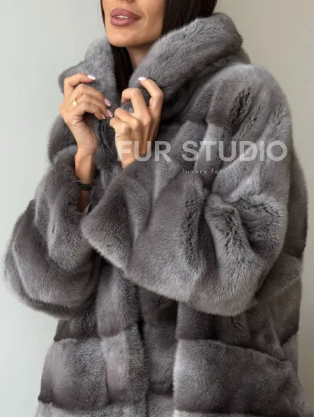 Норковый полушубок с капюшоном - цвет Platinum - фото 3