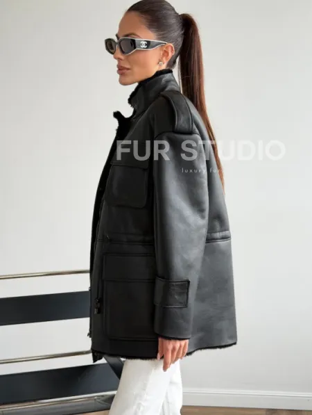 Черная куртка - дубленка из испанского мериноса - фото 4