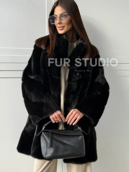Черная норковая шуба - стойка воротник - фото 3