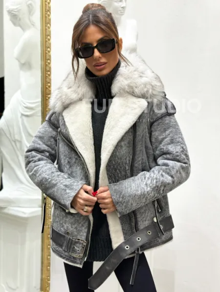 Дубленка из натуральной овчины - цвет серый - фото 0