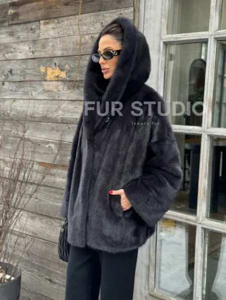 Шуба норковая с капюшоном - цвет графит - фото 4