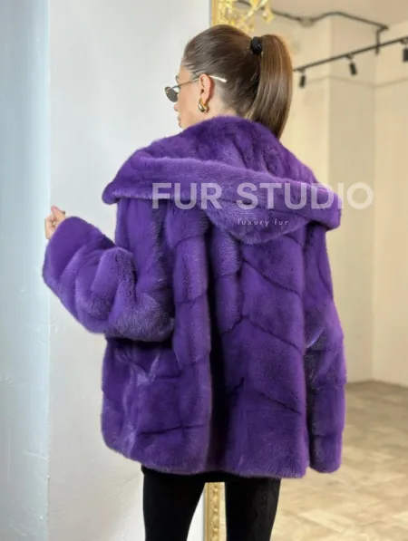 Паркет шуба с капюшоном - фиолетовый цвет - фото 4