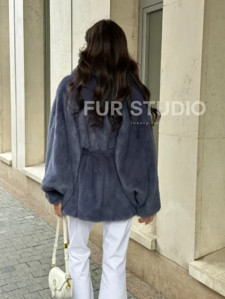 Шуба норковая летучая мышь - цвет джинс - фото 1