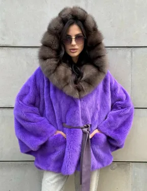 Шуба из норки Violet с капюшоном из меха куницы - фото 0