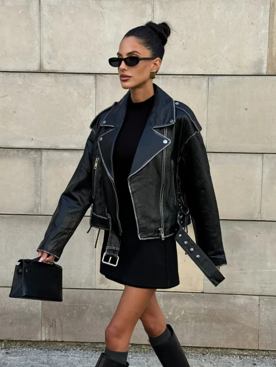 Куртка-косуха из натуральной кожи «Vintage»  со шнуровкой - цвет черный - фото 11