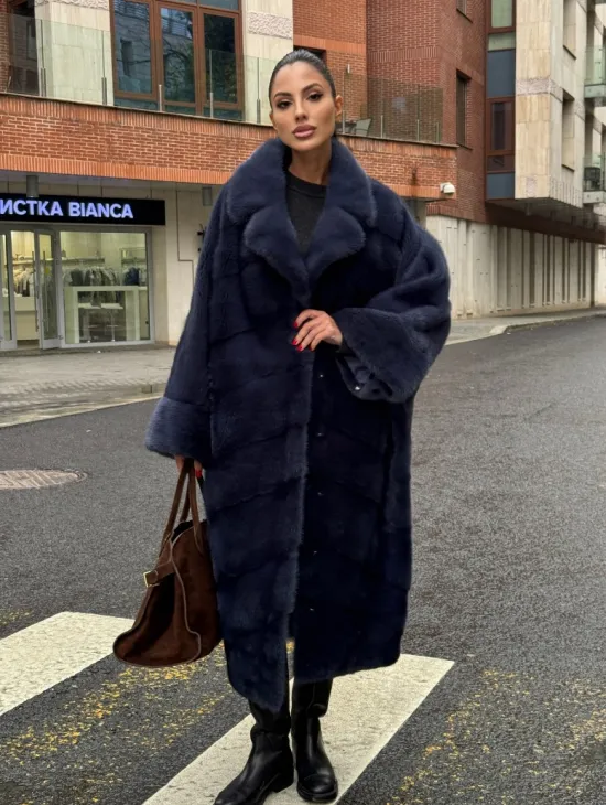 Норковая шуба-пальто в цвете джинс, стиль  “Бохо“ — батальный размер - фото 7