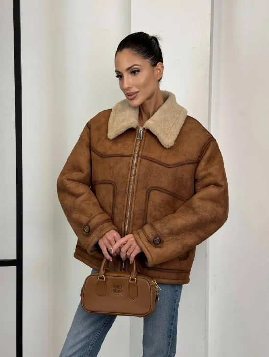 Зимняя короткая кожаная куртка из мериноса в стиле “Vintage” - фото 12