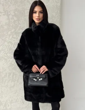 Норковая шуба в черном цвете воротник стойка - фото 3