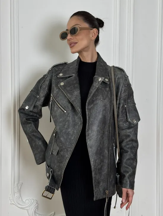 Косуха женская из натуральной кожи Vintage со шнуровкой - цвет серый - фото 7