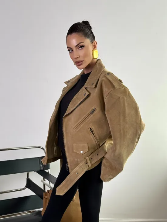 Косуха «Прямой Оверсайз» из мягкой кожи (замши) Camel - фото 8