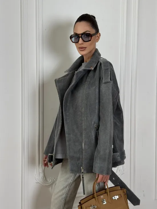 Винтажная кожаная косуха оверсайз - серый графит - фото 7