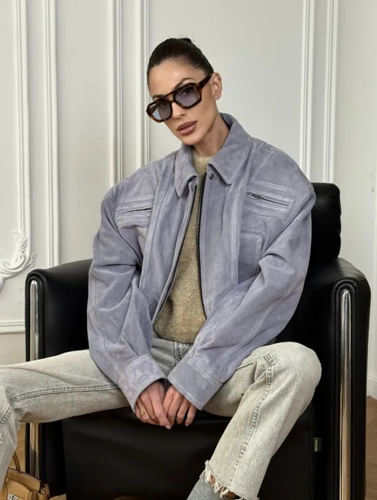 Бомбер - куртка весенняя оверсайз из натуральной кожи (замши) Grey blue - фото 0