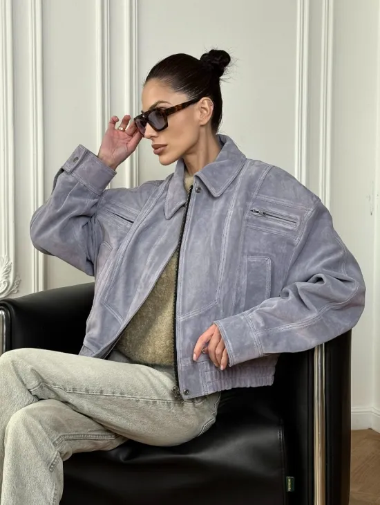 Бомбер - куртка весенняя оверсайз из натуральной кожи (замши) Grey blue - фото 9