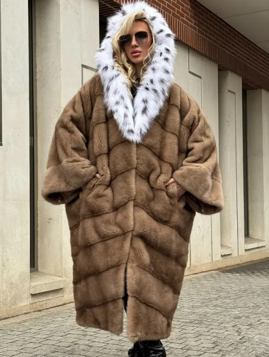 Норковая шуба больших размеров в стиле Бохо с капюшоном под рысь - фото 4