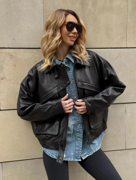 Трендовая куртка - бомбер oversize из натуральной кожи Joomba - фото 8