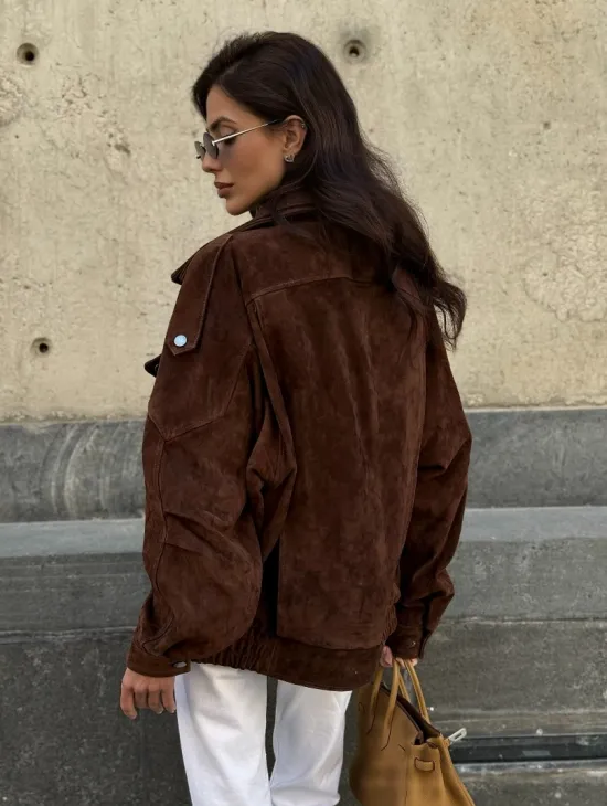 Винтажная куртка - бомбер из замши в коричневом цвете - фото 10