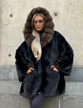 Черный норковый полушубок с капюшоном куница - фото 9