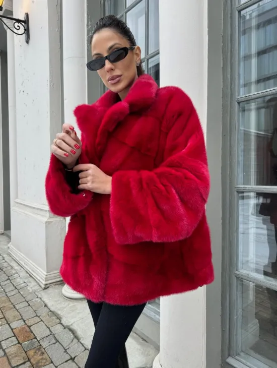 Полушубок норковый в гранатовом оттенке - фото 1