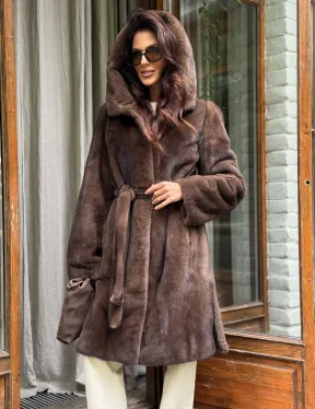 Норковая шуба с капюшоном - цвет орех - фото 6