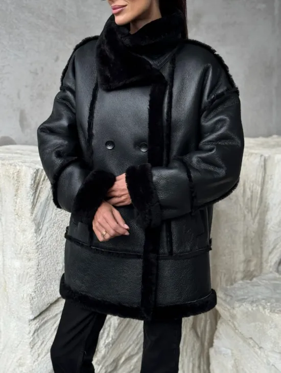 Черная современная дубленка - фото 1