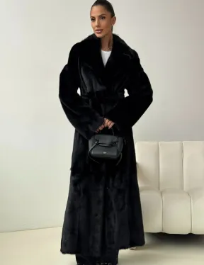 Черная норковая шуба с поясом - фото 0