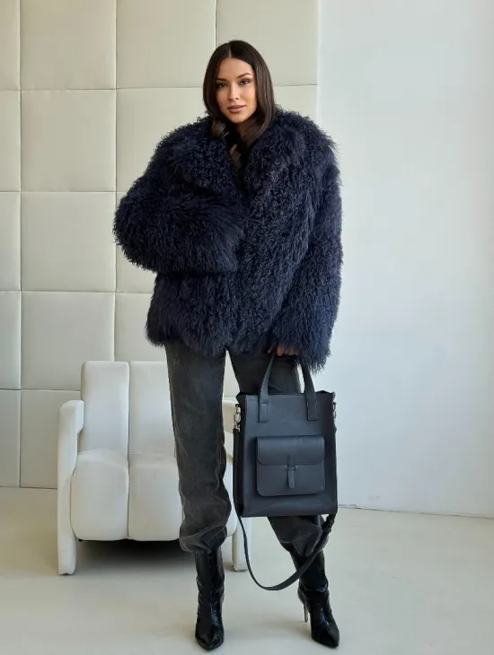Шуба из ламы - цвет джинс - фото 9