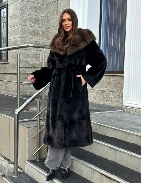 Черная норковая шуба с капюшоном куница - фото 11