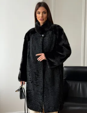 Шуба из каракуля с норкой - стойка воротник - фото 10