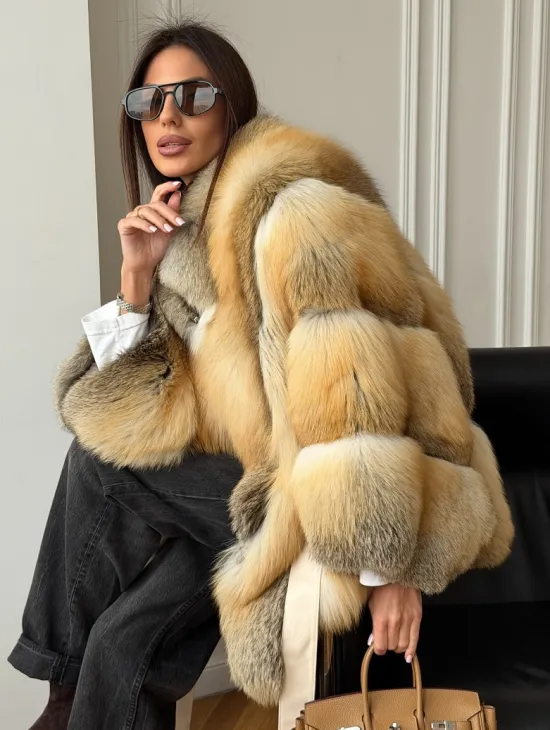 Шуба - пончо из лисы с поясом - фото 11