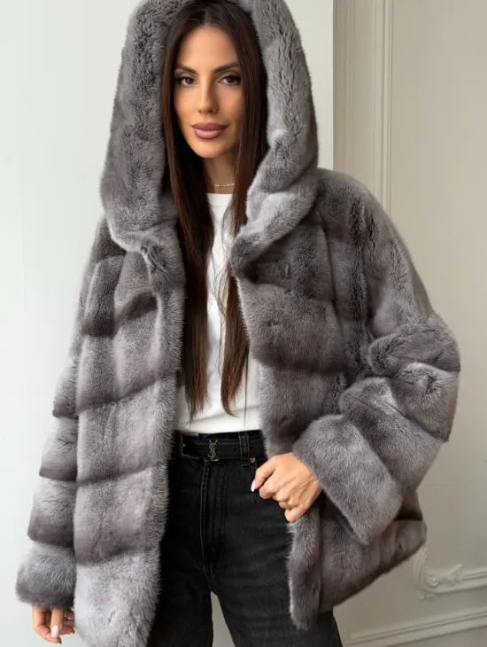 Норковый полушубок с капюшоном - цвет Platinum - фото 7