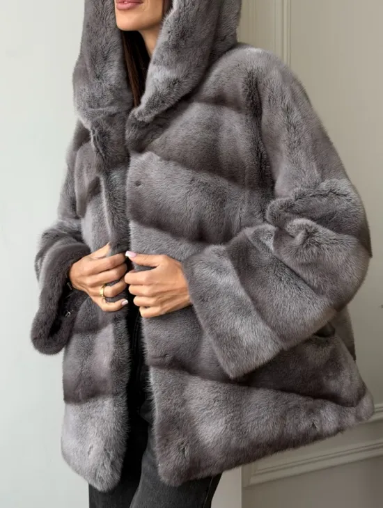 Норковый полушубок с капюшоном - цвет Platinum - фото 4