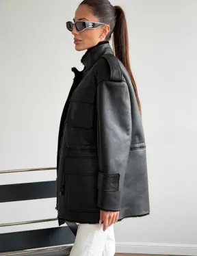 Черная куртка - дубленка из испанского мериноса - фото 4