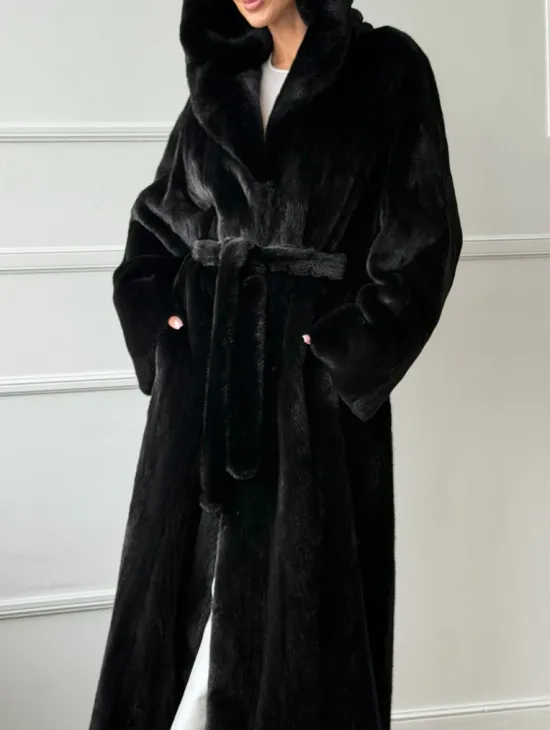 Чёрная норковая шуба модель «кимоно» с капюшоном кобра - фото 1