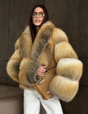 Полушубок-кроп с шалевым воротником из лисы - фото 0