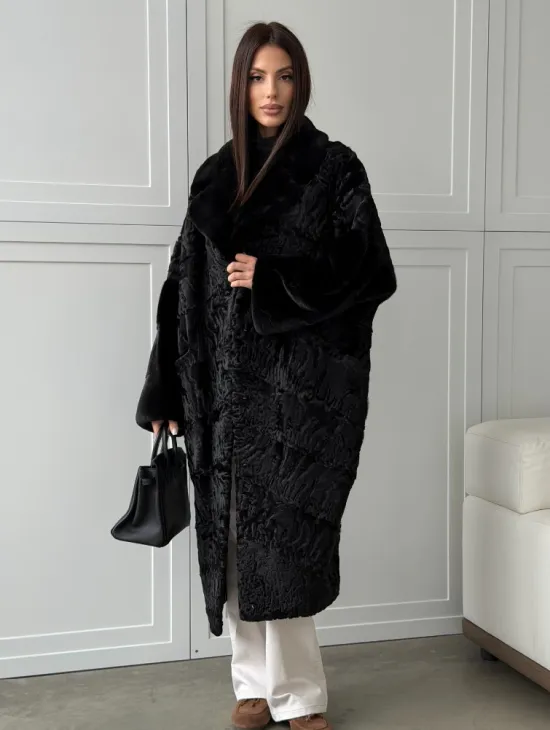 Черная шуба из каракуля с норкой - фото 8