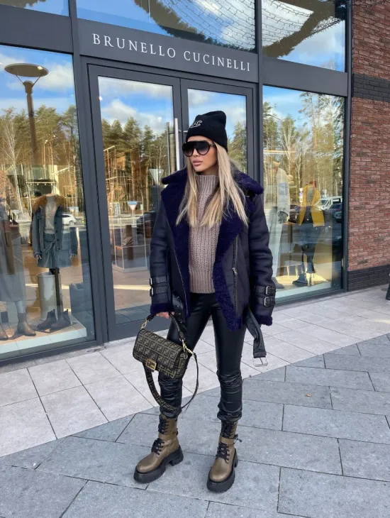 Авиатор из натуральной овчины в синем цвете - фото 6