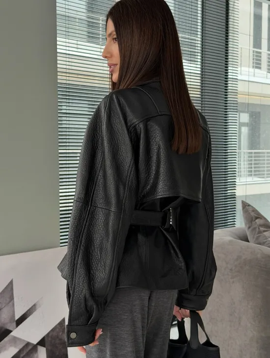 Куртка кожаная женская с поясом, винтажная - фото 5