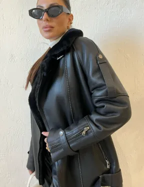 Дубленка авиатор в черном цвете из натуральной овчины - фото 1