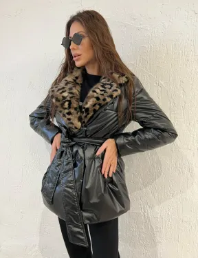 Пуховик с мехом норки в анималистическом принте - фото 6