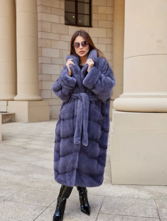 Шуба с поясом из аукционной норки цвет сапфир - фото 2