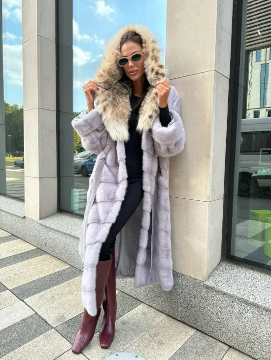 норковая шуба с капюшоном из меха рыси цвет серый сапфир - фото 4