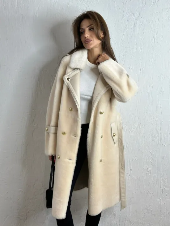 Дубленка из овчины с мехом норки - цвет молочный - фото 3