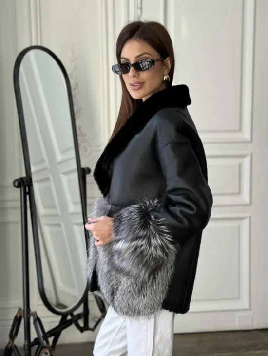 Дубленка с мехом чернобурки - цвет черный - фото 5