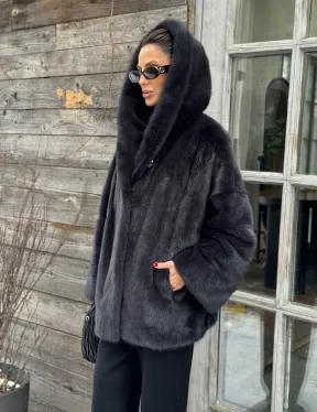 Шуба норковая с капюшоном - цвет графит - фото 4