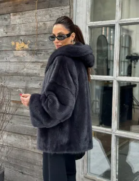 Шуба норковая с капюшоном - цвет графит - фото 6