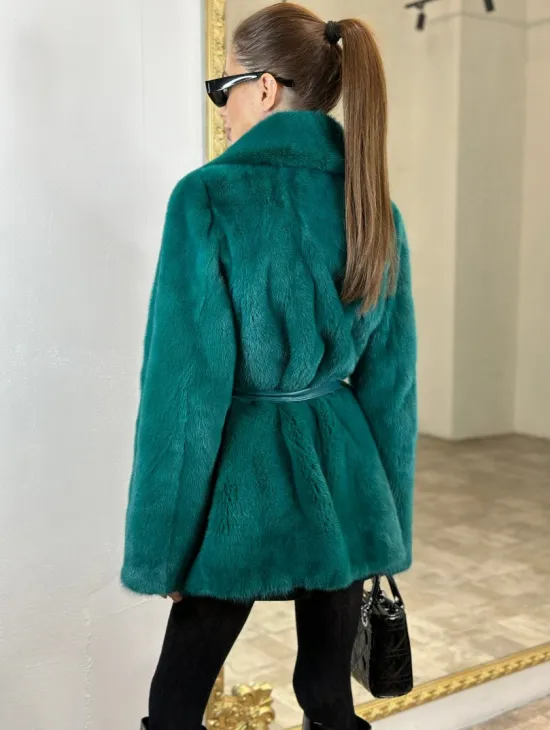 Жакет из меха норки английский воротник - морской изумруд - фото 1