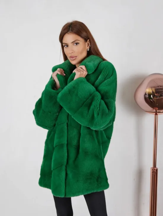 Норка кимоно паркет с английским воротником - светлый изумруд - фото 0